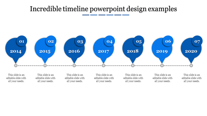 Timeline PowerPoint template with years 2014 to 2020 and captions for each milestone on a blue theme.