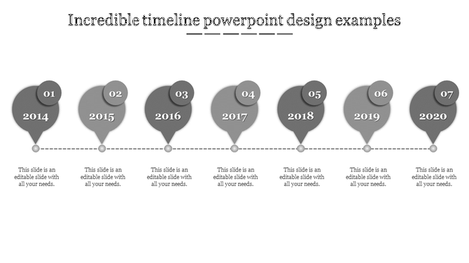Timeline PowerPoint template with seven grey milestone markers from 2014 to 2020, featuring placeholder text.