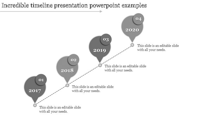 PowerPoint timeline slide featuring years 2017 to 2020 in gray bubble shapes, with captions for each year.