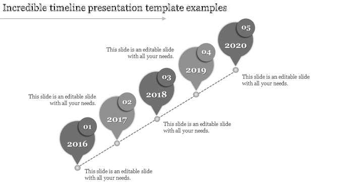 Gray themed timeline infographic with five balloon shaped markers labeled 2016 to 2020, aligned diagonally with text.