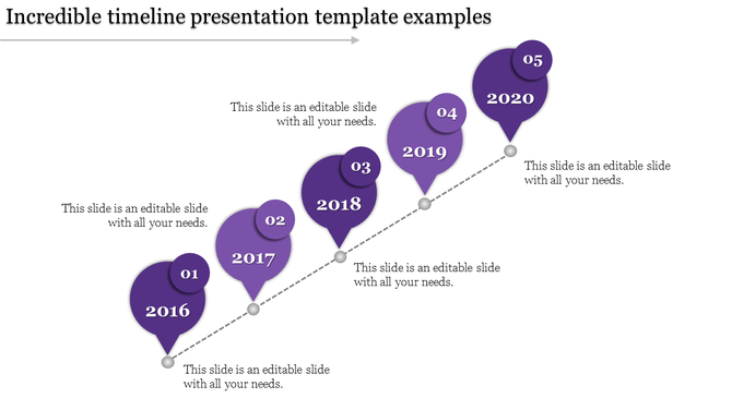 Timeline PowerPoint template with purple bubbles for each year from 2016 to 2020 with placeholder text.