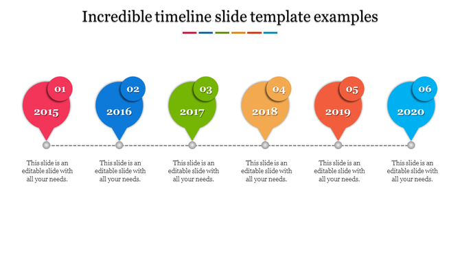 Horizontal timeline with six balloon shaped markers in red, blue, green, yellow, orange, and teal, from 2015 to 2020.