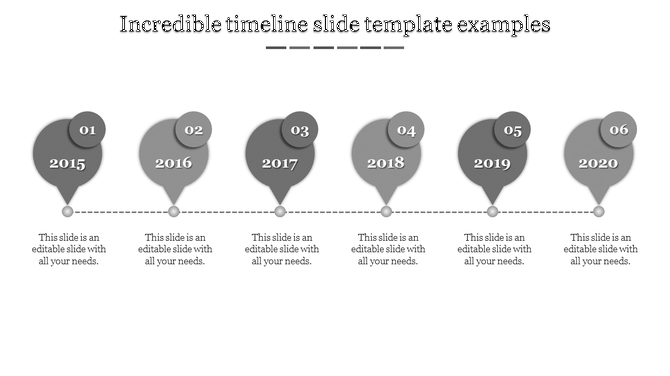 Gray horizontal timeline with balloon like markers showing six stages connected by a dotted line.