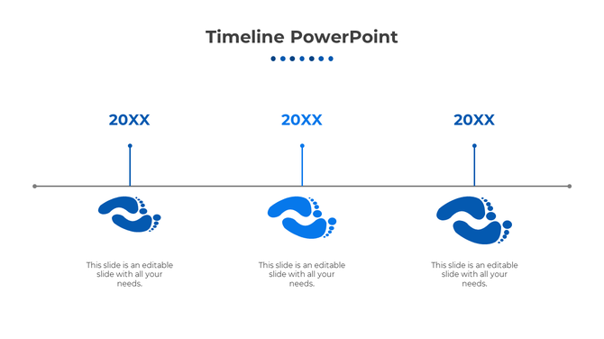 Blue footprints arranged along a horizontal timeline labeled 20XX, with text placeholders for each step.
