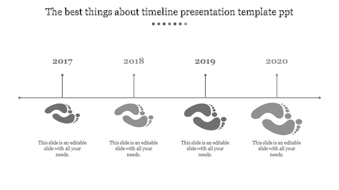 Grey footprint timeline showing years 2017 to 2020 with captions areas placed in a white background.