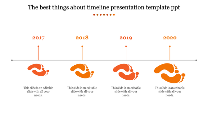 Timeline design showing orange footprints and captions under year markers from 2017 to 2020, connected by a horizontal line.