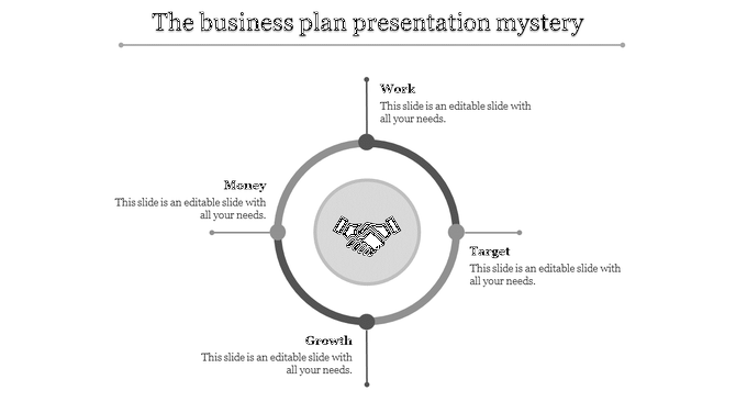 Business plan presentation with a handshake in the center and four connected gray sections representing key elements.