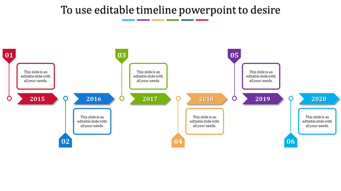 Hexagonal timeline design with six color-coded milestones from 2015 to 2020, connected by dotted lines.