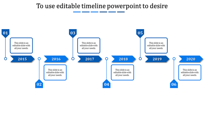 Blue timeline with alternating arrow shapes and rectangular text boxes connected by lines on a white background.