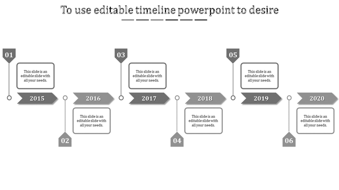 Gray hexagonal timeline with milestones for 2015 to 2020, arranged in a zigzag layout with connecting dots.