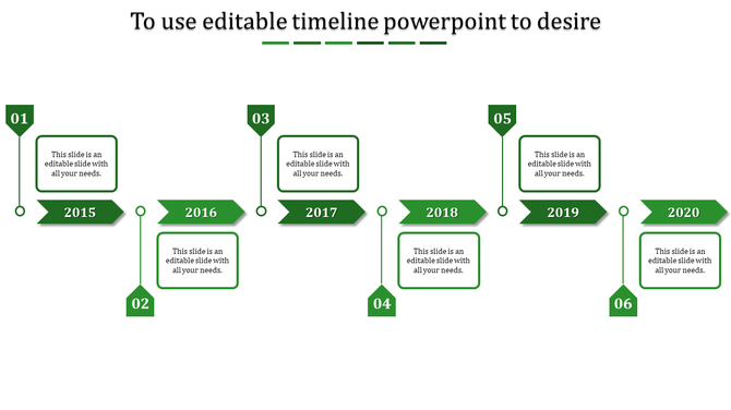 Green PowerPoint timeline slide with years from 2015 to 2020, each year linked with text placeholders.