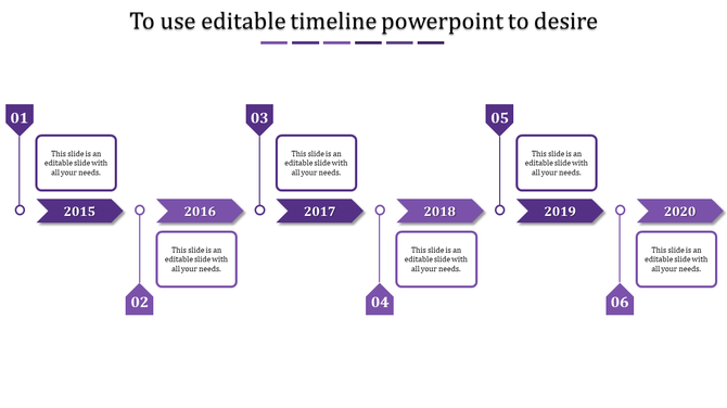 Monochrome purple timeline with numbered hexagons, caption areas and arrow labels for years 2015 to 2020.