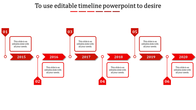 Red PowerPoint timeline slide with years from 2015 to 2020, each year linked with text placeholders.