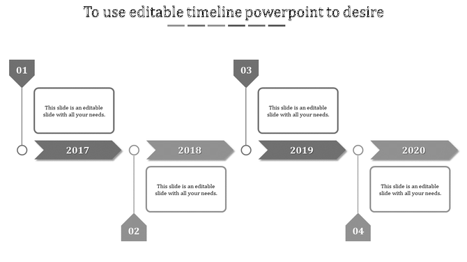 Gray timeline design with milestones labeled 01 to 04 and connected year markers from 2017 to 2020.