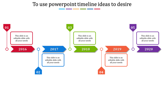 Multi colored timeline infographic with arrow-shaped year labels from 2016 to 2020 and numbered markers.