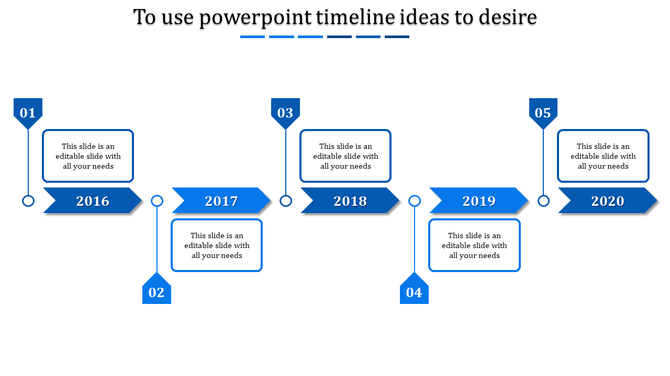 Blue timeline design with numbered arrow shapes and rectangular text boxes connected by thin lines on a white background.