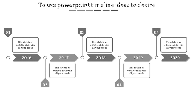 Gray timeline infographic with arrow shaped year labels from 2016 to 2020 and numbered markers in white backdrop.