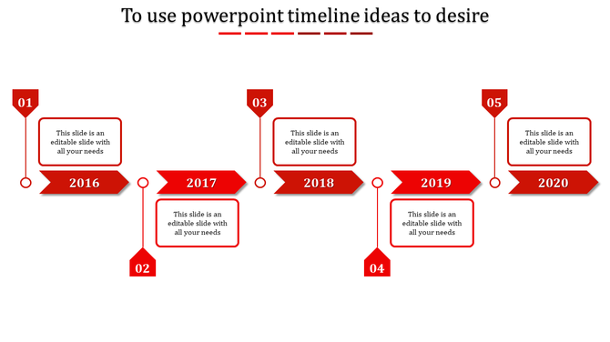 PowerPoint timeline template from 2016 to 2020, featuring year labels with red arrow markers with placeholder text.