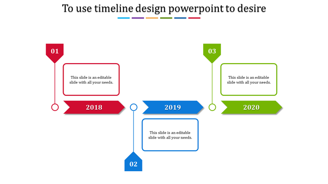 Timeline design slide with sections for 2018, 2019, and 2020, each with color coded text box.