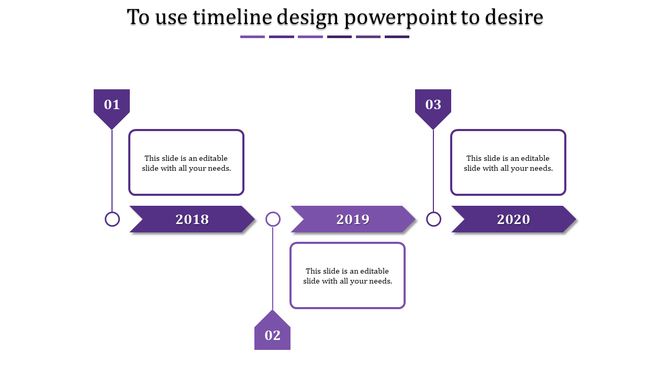 Timeline PowerPoint template with purple arrow markers for years 2018, 2019, and 2020 with placeholder text.
