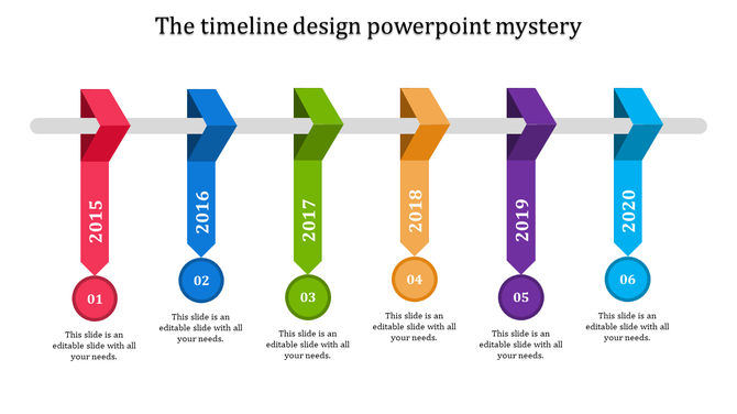 Vertical timeline design with colorful 3D ribbons in red, blue, green, orange, purple, and cyan on a gray bar.