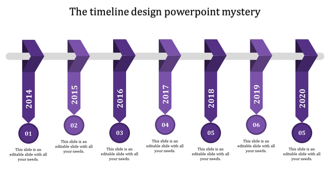 Purple gradient timeline design with arrows and circles marking years 2014 to 2020 along a horizontal line.