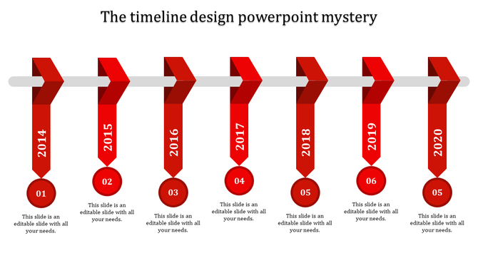Timeline PowerPoint template with red arrows and numbered years from 2014 to 2020, with space for content.
