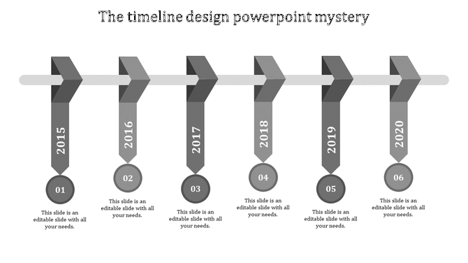 Gray themed timeline with vertical arrow markers labeled 2015 to 2020, connected to circular year icons below.