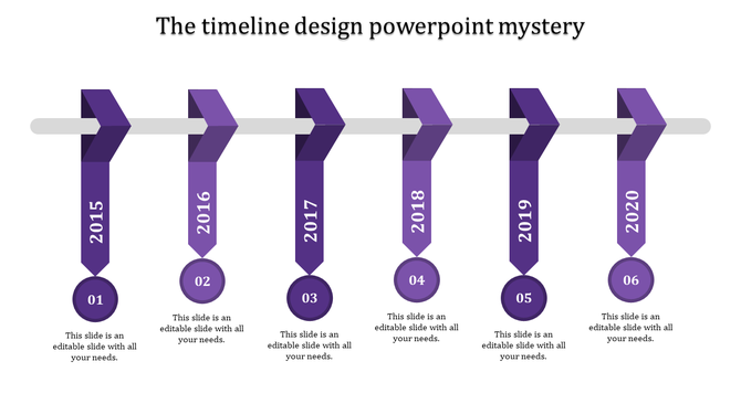 Purple timeline design with six vertical arrows descending from a horizontal bar, each linked to year markers.