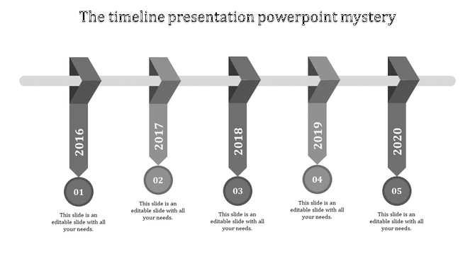 Timeline PowerPoint template with grey arrows representing the years 2016 to 2020, each with placeholders for content.
