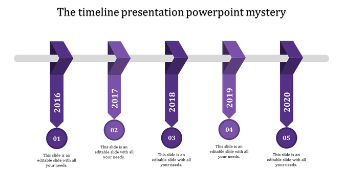 Timeline PowerPoint template with purple arrows representing the years 2016 to 2020, each with placeholders for content.