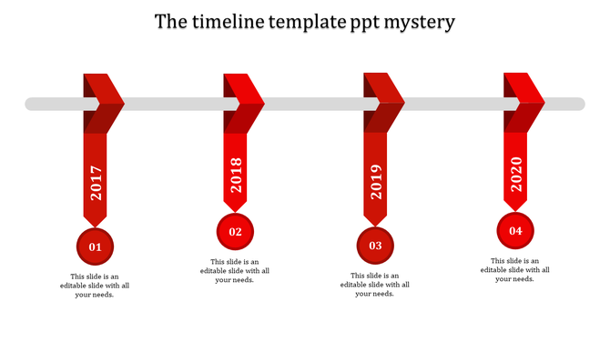 Red PowerPoint slide featuring a timeline for 2017 to 2020 with corresponding captions with placeholder text.