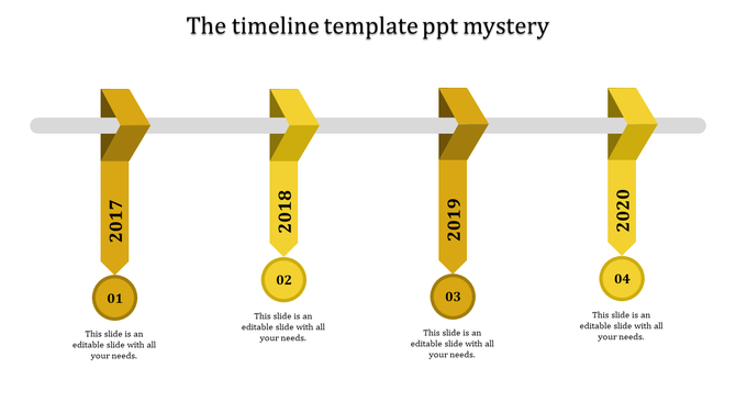 Modern timeline with 3D ribbon style markers in yellow shades, connected to a horizontal bar, showing years 2017 to 2020.