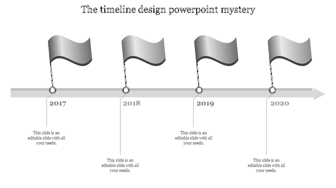 Monochrome timeline with silver flags marking milestones from 2017 to 2020 placed in a white background.