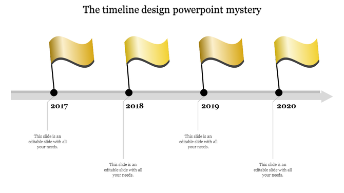 Timeline with four golden flags marking milestones from 2017 to 2020, with placeholder text areas.
