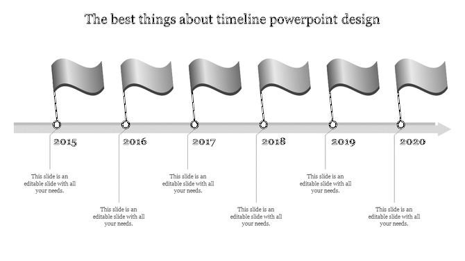 Horizontal timeline with six gray milestone flags marking years 2015 to 2020 on a metallic arrowed path.