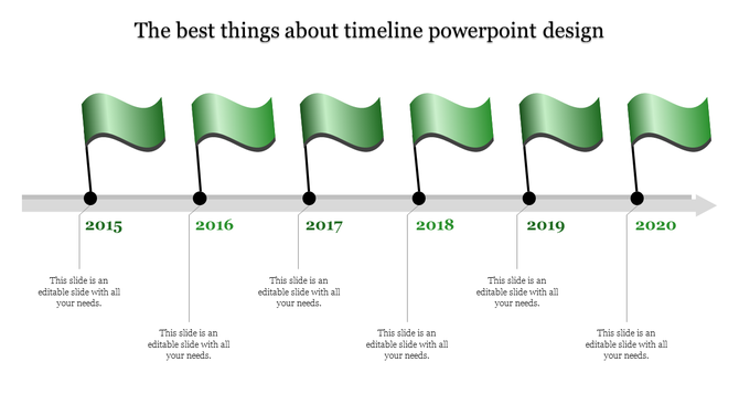 Green flag timeline showing years 2015 to 2020 on a gray horizontal arrow with placeholders text areas.