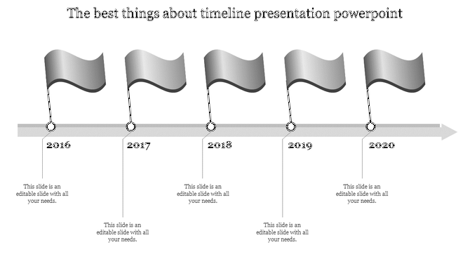 Timeline with gray flags for years 2016 to 2020 on an arrowed horizontal line with captions areas below.