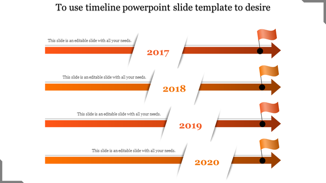 Timeline with orange arrows and redddish orange flags pointing to years, caption areas for 2017, 2018, 2019, and 2020.