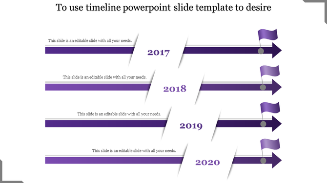 Purple themed PowerPoint timeline template with milestones for 2017 to 2020, each marked with an arrow and flag icon.