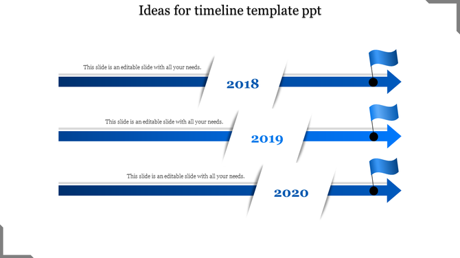 Timeline PowerPoint template with blue arrows and flags for 2018, 2019, and 2020 milestones, each with placeholder text.