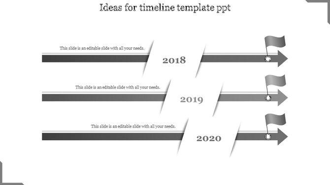 Monochrome timeline featuring three parallel arrows with milestone flags, and text labels representing sequential years.
