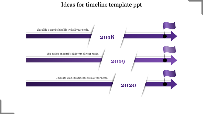 Purple themed horizontal timeline with three arrows, flags, and text boxes for years 2018, 2019, and 2020.
