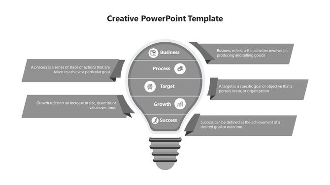 Creative PowerPoint template showing a grey light bulb with icons and captions with text descriptions.