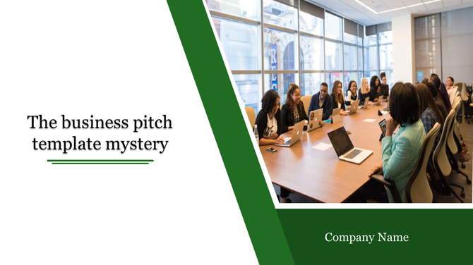 Business pitch slide with a green diagonal design, featuring a conference room meeting image, and a text for company name.