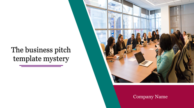 Business pitch template with red accents and a photo of professionals in a meeting room placed in white background.