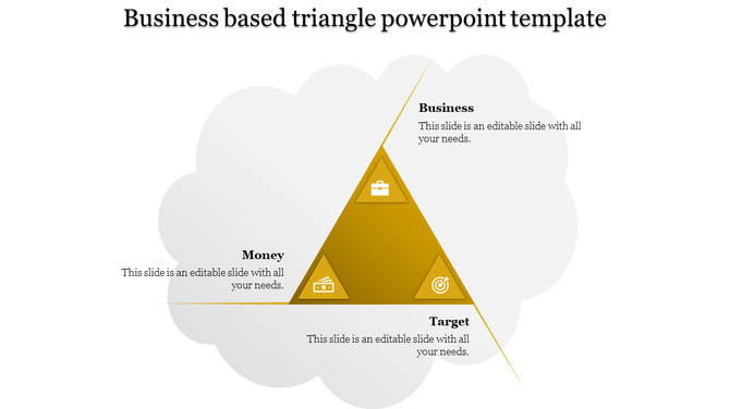 Hexagonal layout with six labeled gray triangles and central handshake icon for business plan elements.