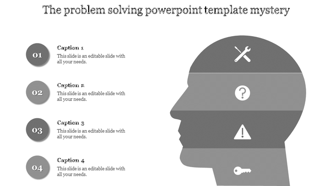 Grey themed problem solving slide with steps including tools, questions, warnings, and solutions represented with icons.