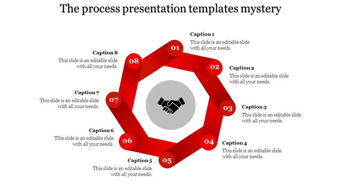 Circular process template with captions for each step, showing numbered steps from 1 to 8 with icons in red.