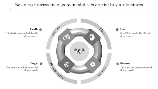 Circular business process chart with red hexagons illustrating growth, idea, target, and handshake icons at the center.